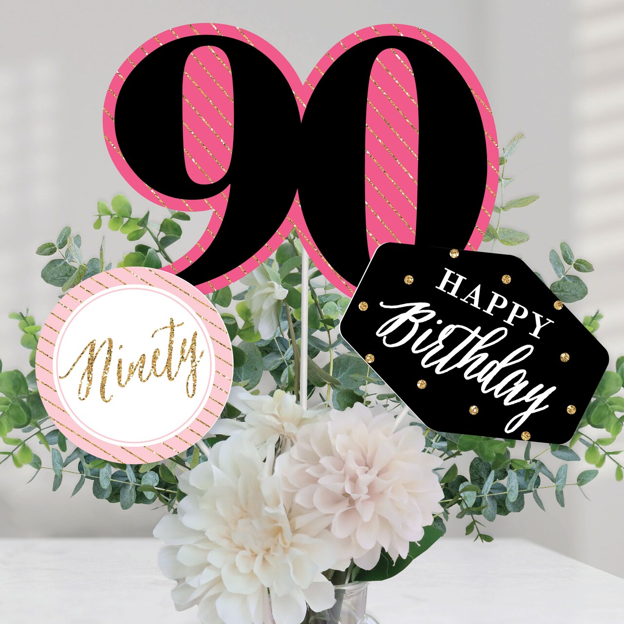 Big Dot of Happiness Chic 90th Birthday - Pink, Black and Gold - Birthday Party Centerpiece Sticks - Table Toppers - Set of 15